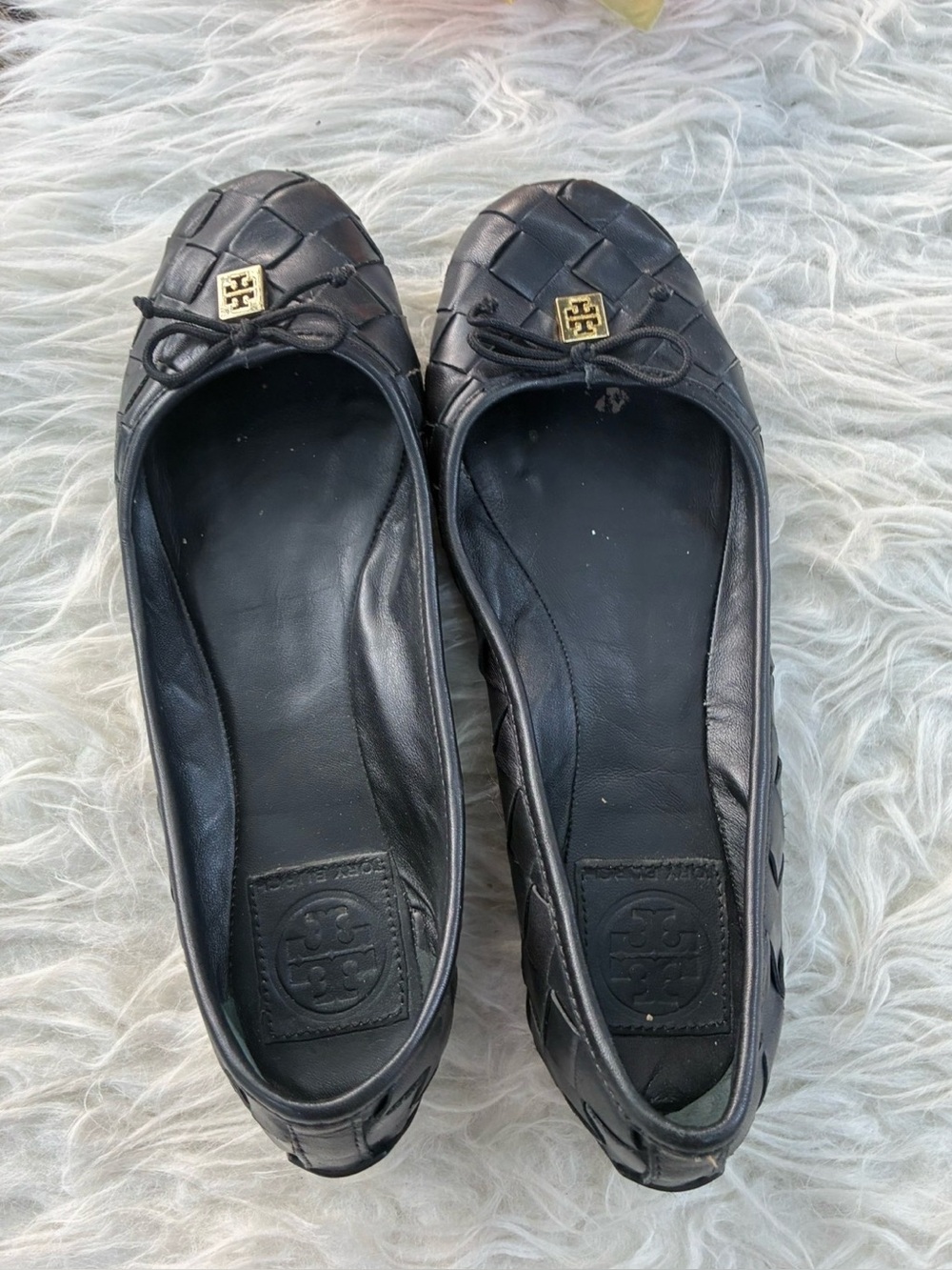 Tory Burch Black Woven Leather Logo Ballet Flats